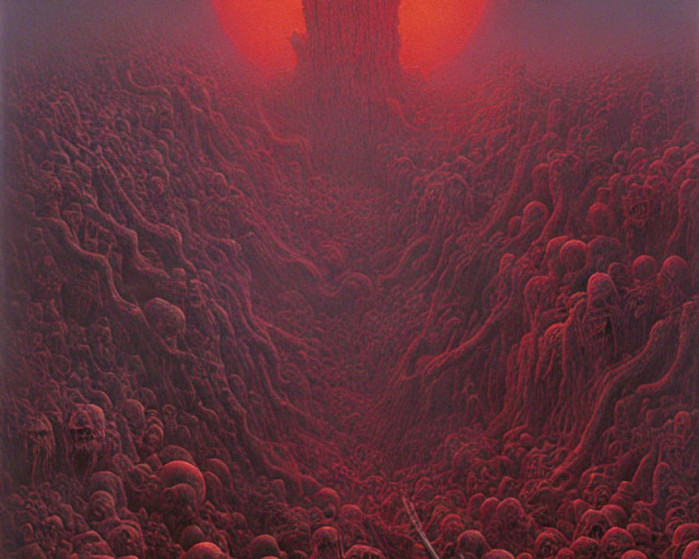 Dark Fantasy Landscape with Red Sun and Tower of Skulls