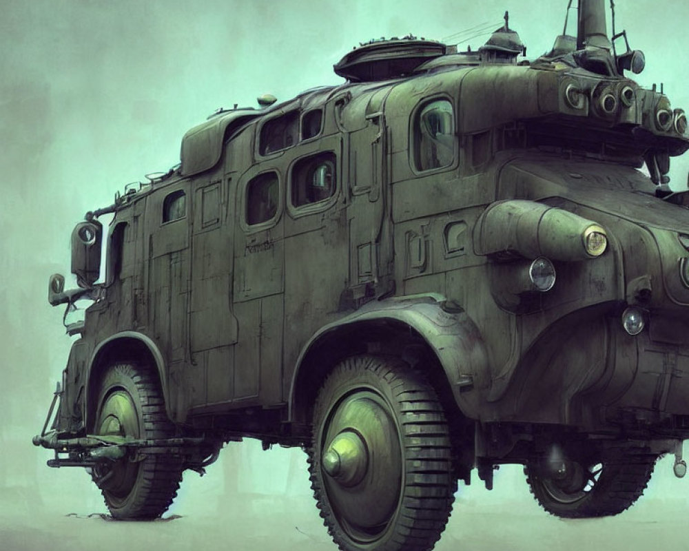 Armored dystopian vehicle with oversized tires and heavy-duty plating