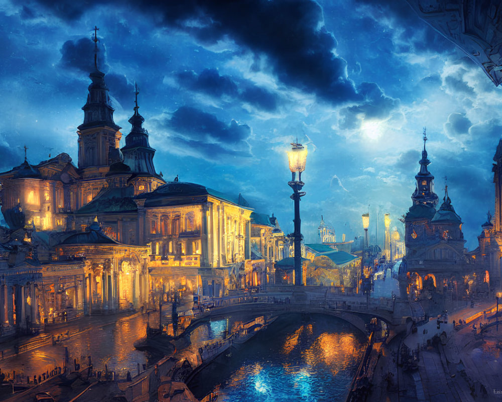 Twilight cityscape with ornate buildings, streetlamps, canal reflections, and dramatic sky