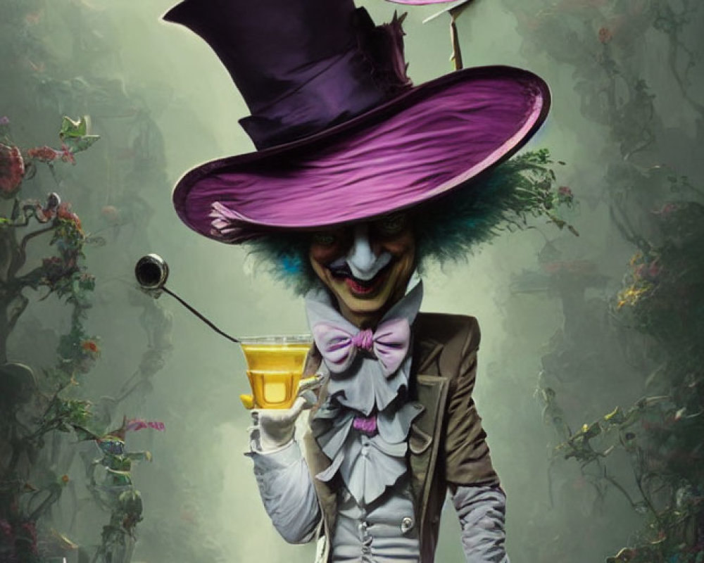 Whimsical character in purple hat with tea cup in enchanted forest