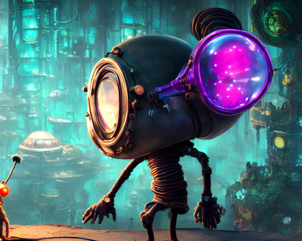 Whimsical robotic figure with glowing purple eye in futuristic industrial setting