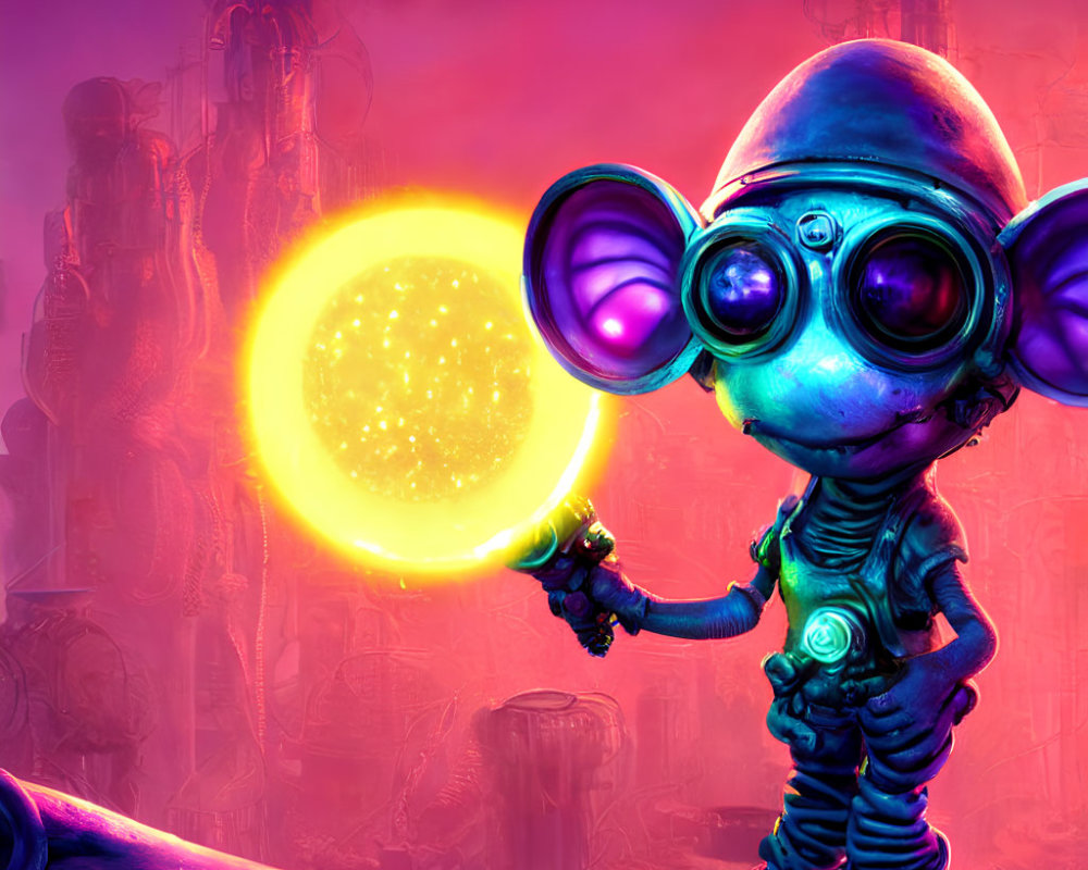 Cartoon alien in space suit holding glowing orb on futuristic purple planet