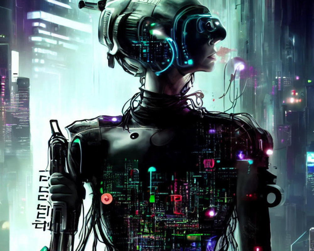 Futuristic cybernetic humanoid with glowing circuitry and digital backdrop