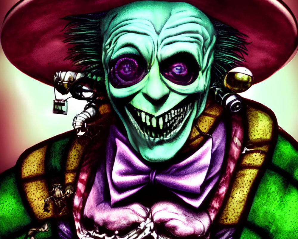 Colorful Sinister Clown Illustration with Purple Hat and Green Plaid Suit