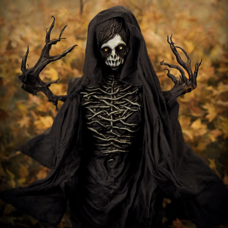 Skeleton costume person with branch-like fingers in autumn setting