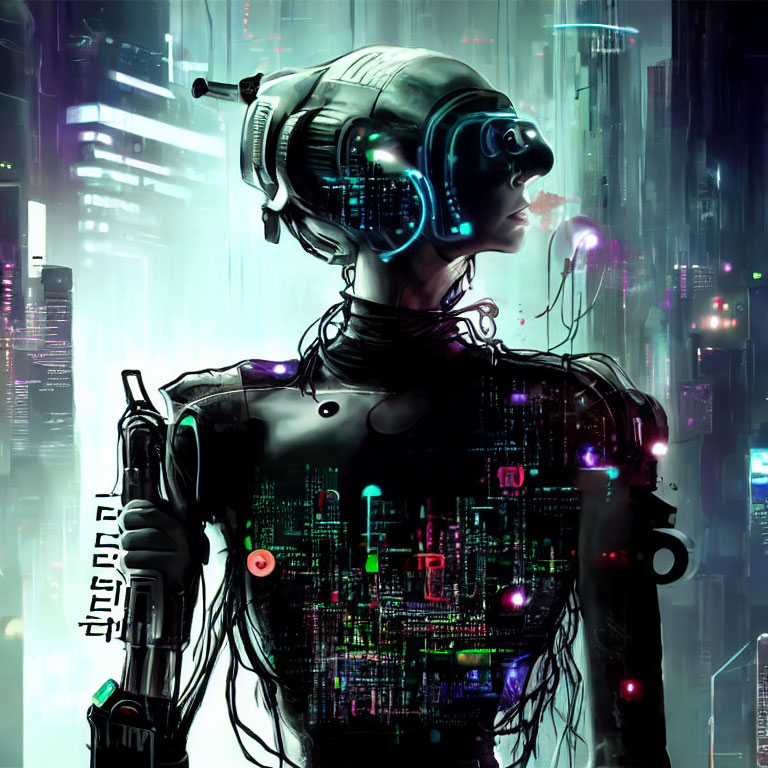 Futuristic cybernetic humanoid with glowing circuitry and digital backdrop