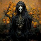 Skeleton costume person with branch-like fingers in autumn setting