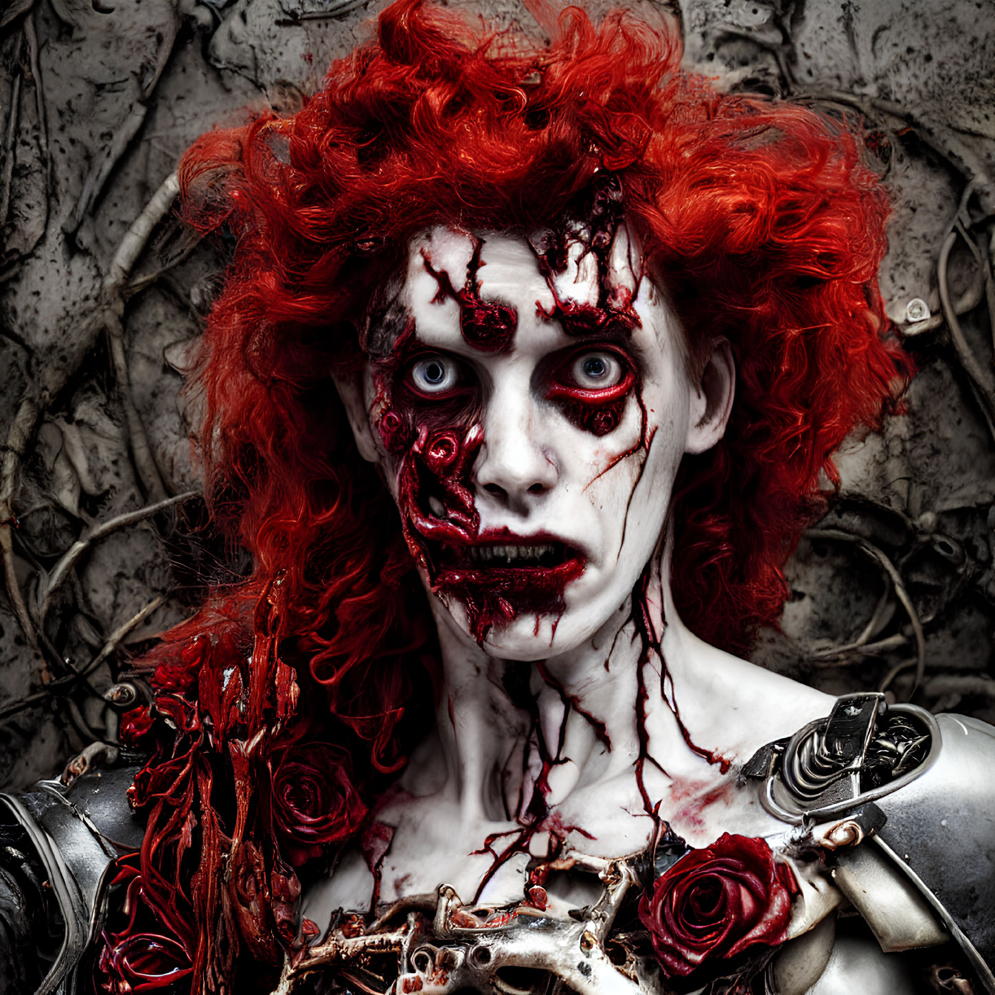 Vivid red hair and gory makeup on white face with haunting red eyes pose amidst metal and roses