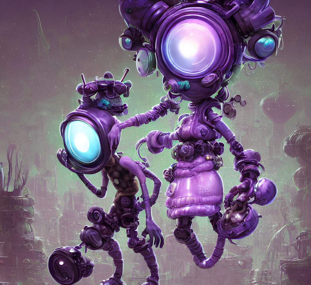 Whimsical robots with glowing cores in futuristic setting