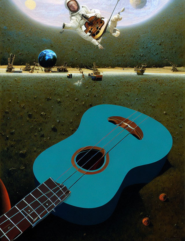 Astronaut in space above surreal landscape with giant blue guitar