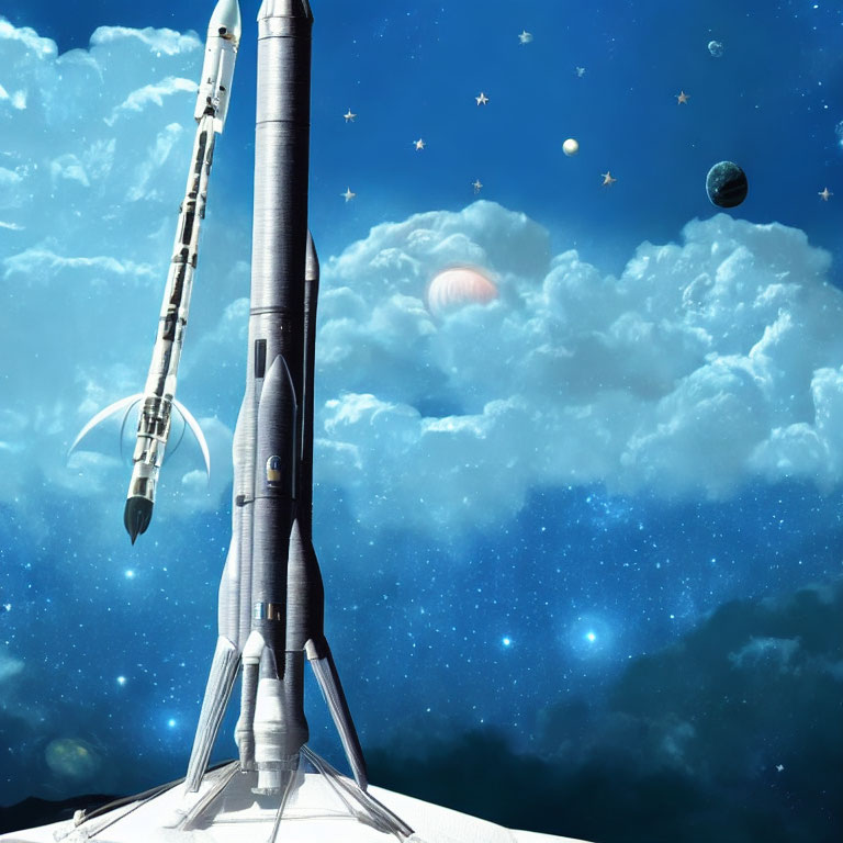 Digital artwork: Rockets ready for launch in surreal starry sky.