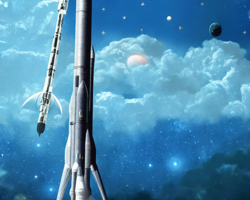 Digital artwork: Rockets ready for launch in surreal starry sky.