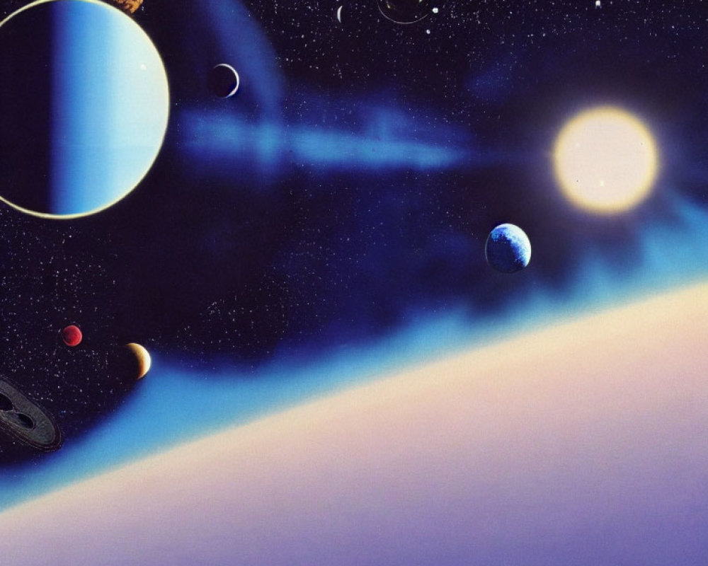 Vibrant space scene with planets, star, and nebula viewed from surface