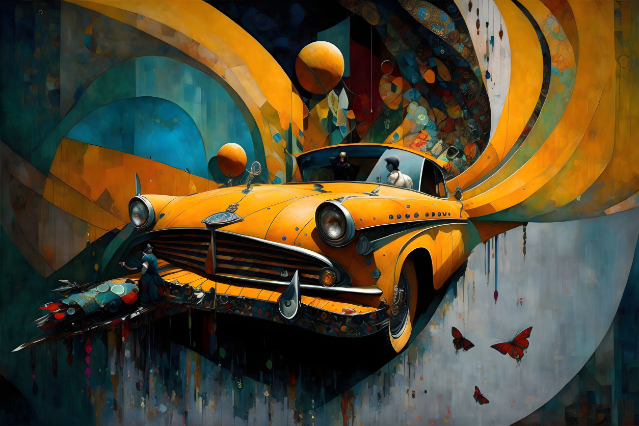 Colorful surreal illustration: Yellow car, swirls, orbs, butterfly