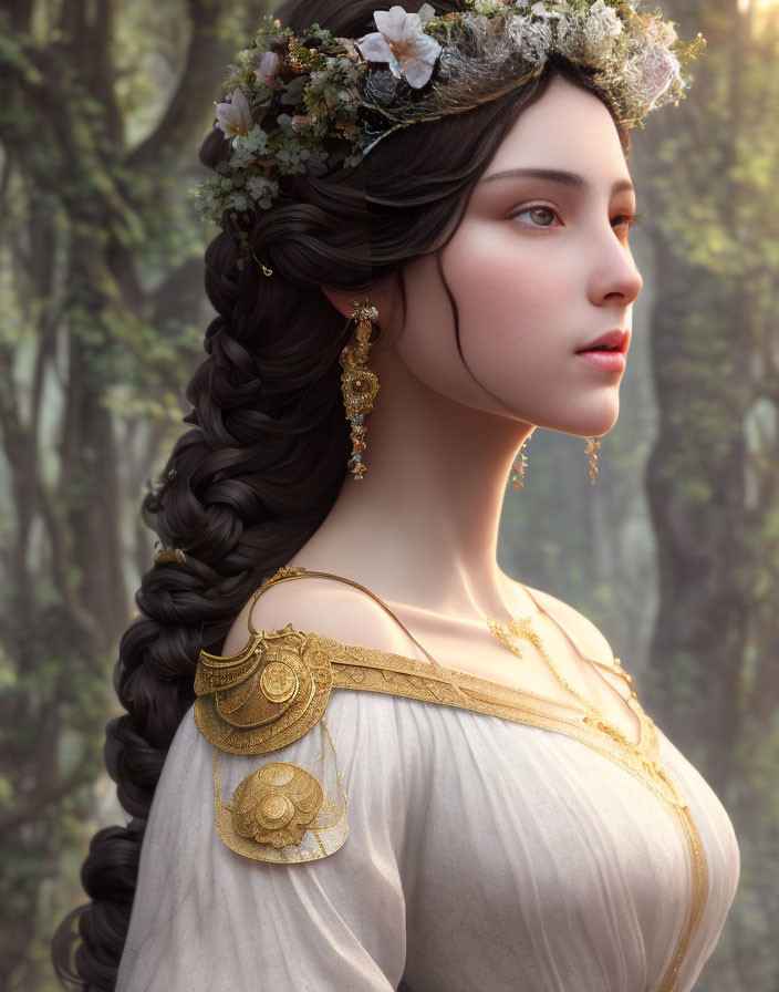 Digital artwork of woman with braided hairstyle, floral wreath, gold jewelry, forest background