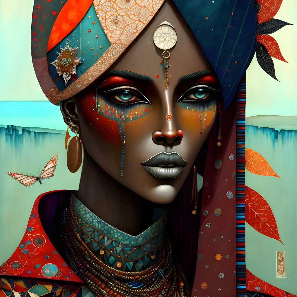 Portrait of woman with intricate face paint, jewelry, headdress, and nature backdrop