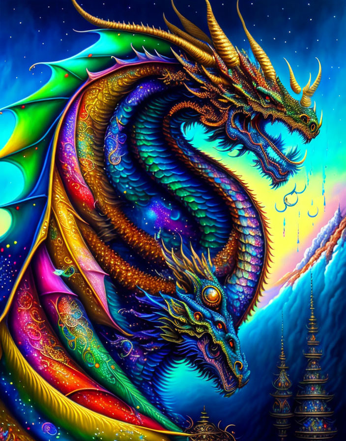 Colorful Multi-Headed Dragon in Night Sky with Temples