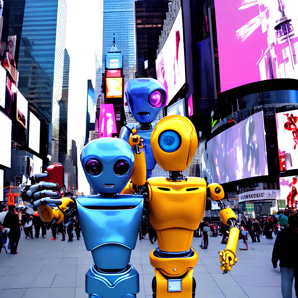 Colorful Robots with Expressive Eyes in Times Square Amid Digital Billboards