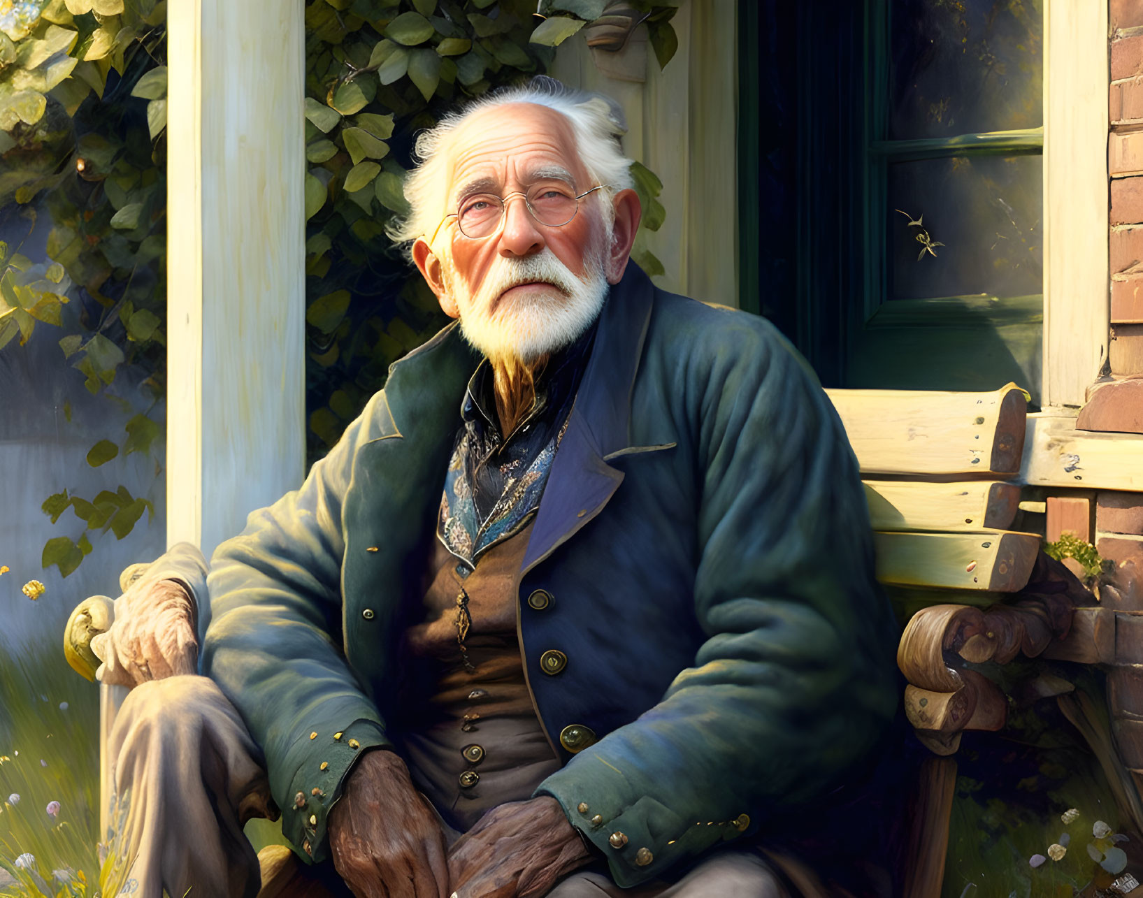 Elderly man with white beard and glasses on wooden bench in sunny garden