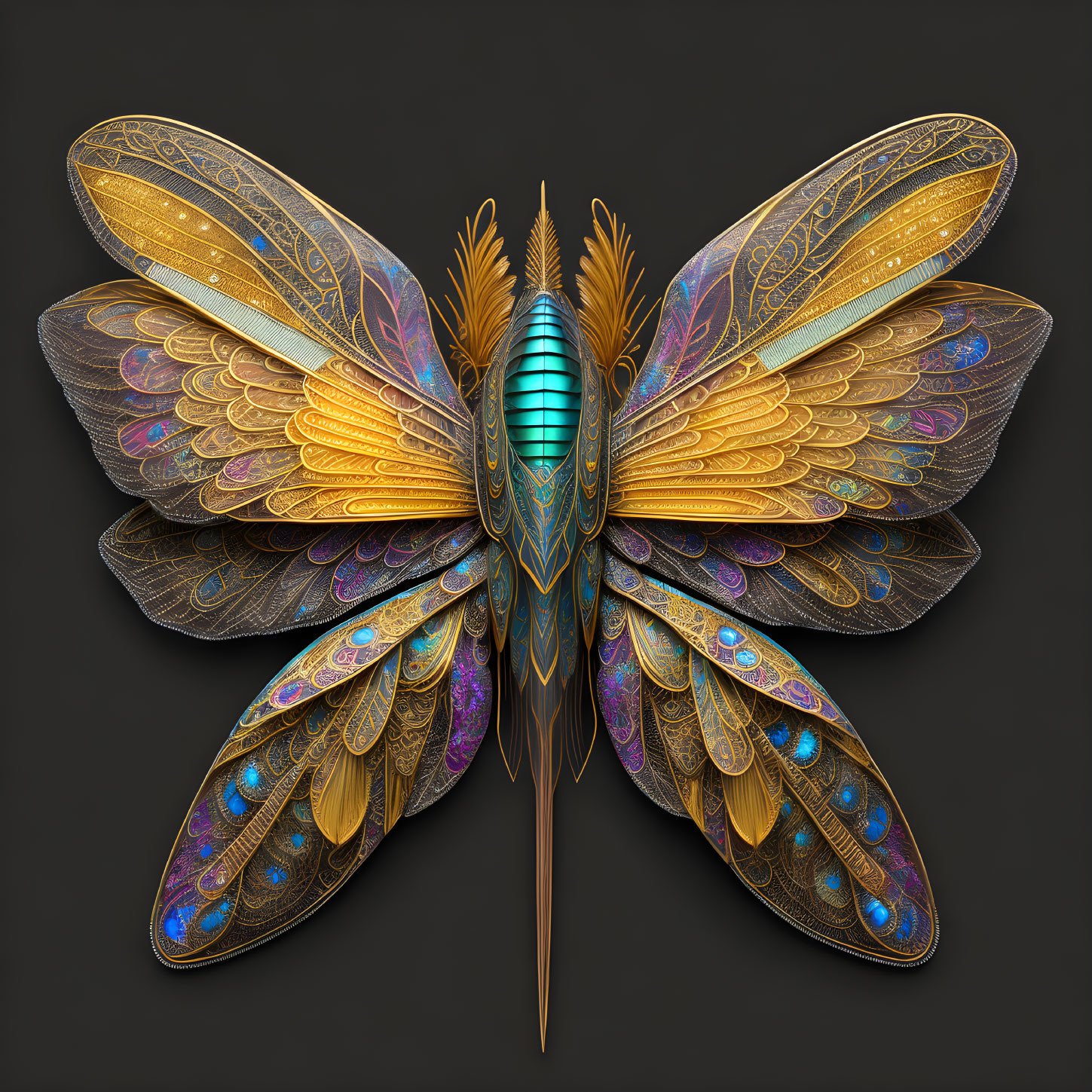 Digital artwork: Intricately patterned butterfly with iridescent wings in gold, blue, and