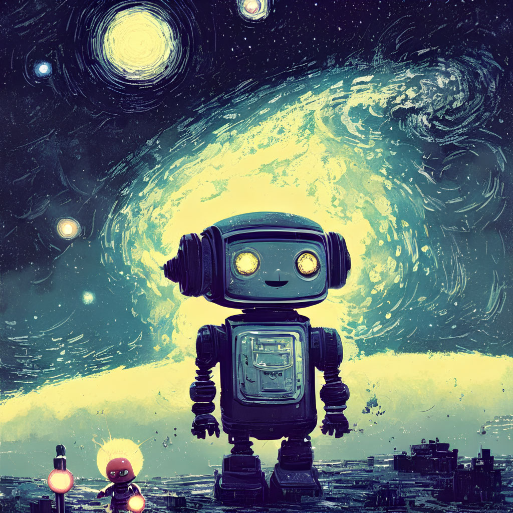 Illustration of large-eyed robot under starry sky with celestial bodies and small glowing figure