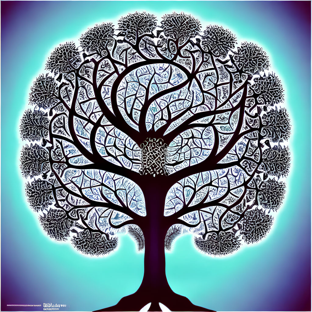 Detailed Tree with Circular Branch Patterns on Blue and Purple Background