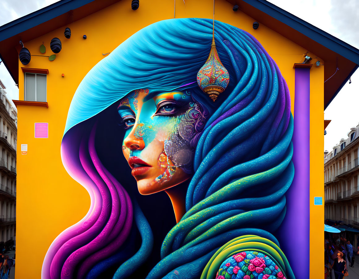 Colorful street art mural featuring woman with blue hair and intricate face patterns against yellow building.