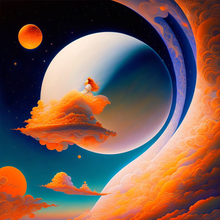 Colorful surreal artwork: person on cloud, moon, planets, starry sky, flowing patterns