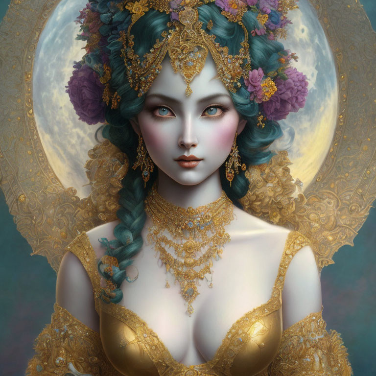 Detailed illustration: Woman with blue hair and gold jewelry under a full moon.