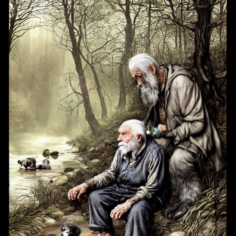 Elderly Men with White Beards in Misty Forest Setting