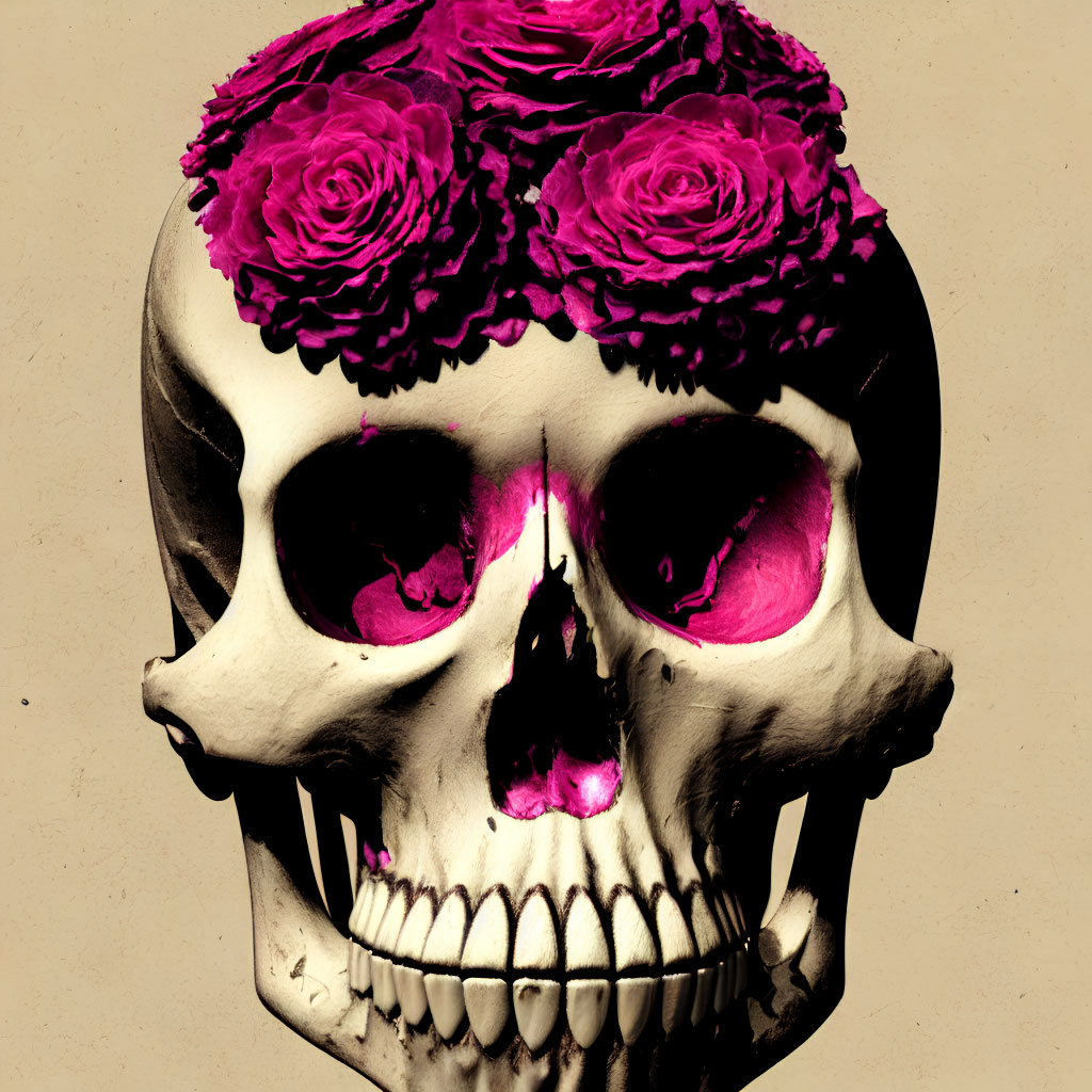 Skull with Pink Eyes and Crown of Purple Roses on Sepia Background