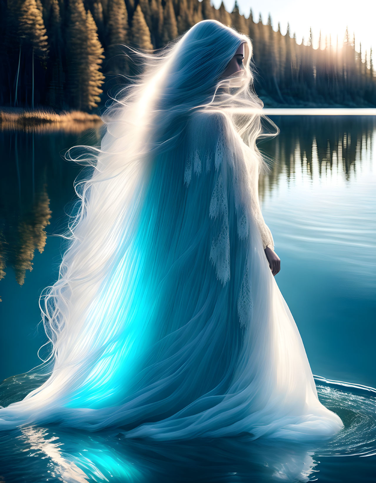 Woman in white and blue gown by calm lake with forest background