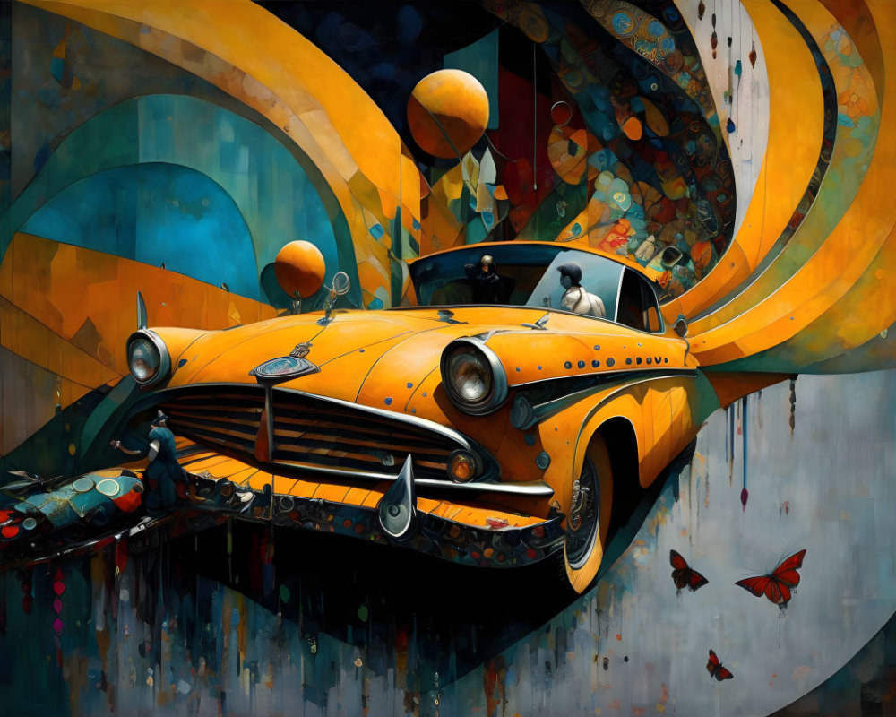 Colorful surreal illustration: Yellow car, swirls, orbs, butterfly