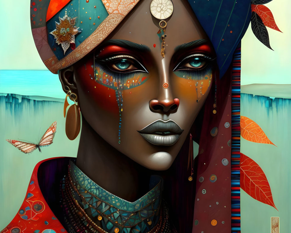 Portrait of woman with intricate face paint, jewelry, headdress, and nature backdrop