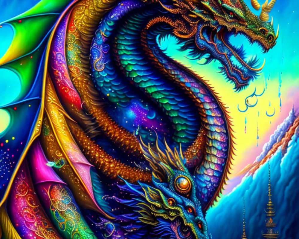 Colorful Multi-Headed Dragon in Night Sky with Temples