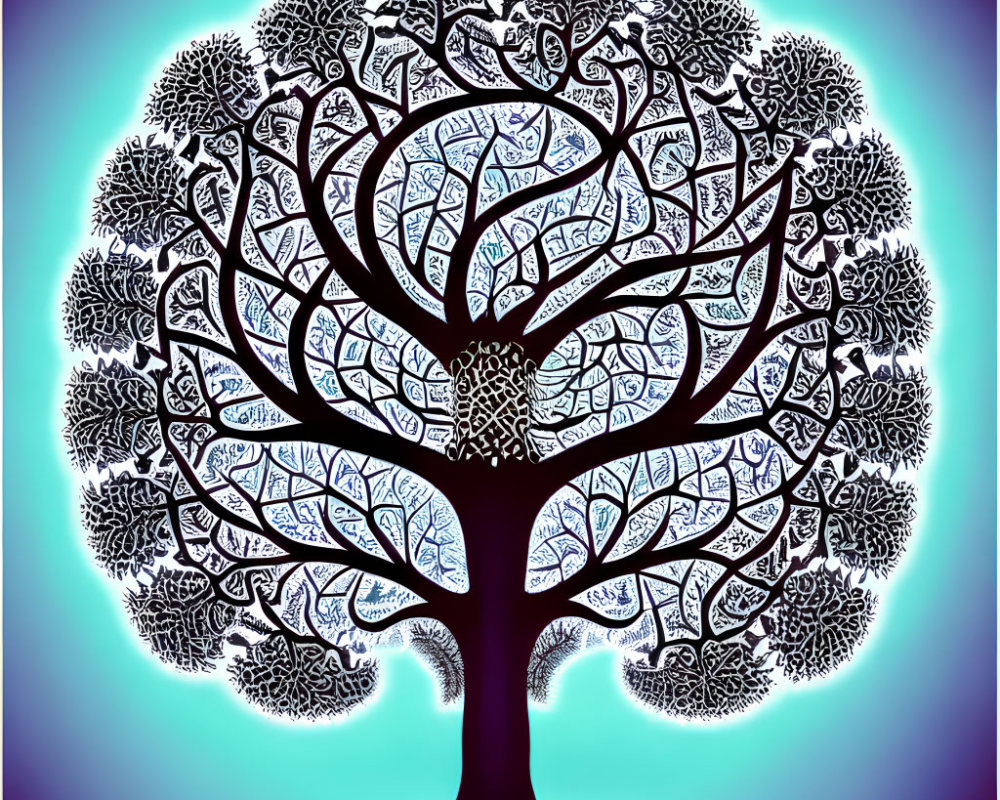 Detailed Tree with Circular Branch Patterns on Blue and Purple Background