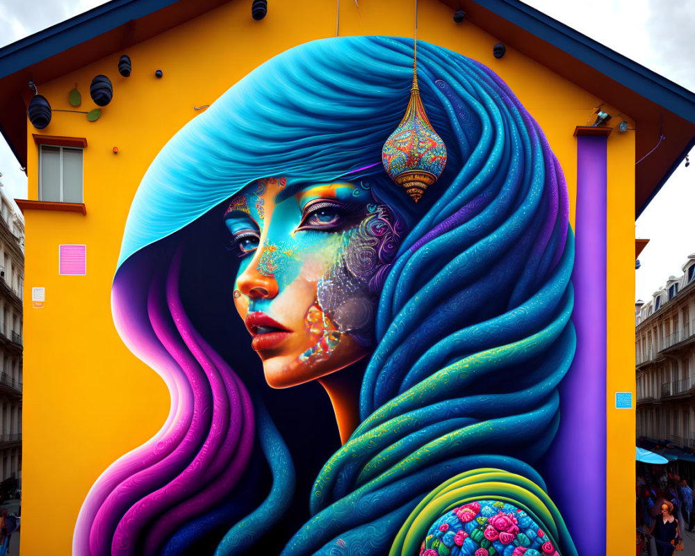 Colorful street art mural featuring woman with blue hair and intricate face patterns against yellow building.