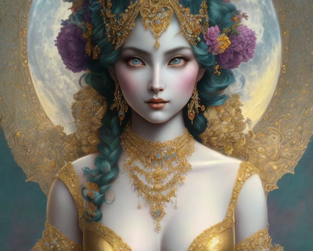 Detailed illustration: Woman with blue hair and gold jewelry under a full moon.