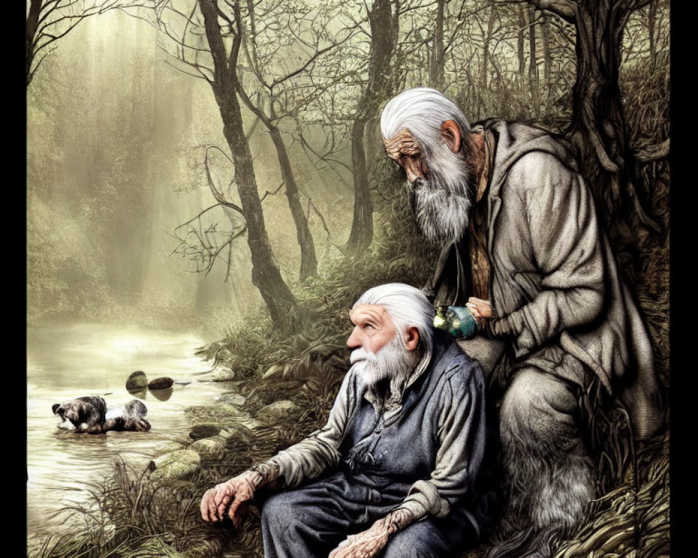 Elderly Men with White Beards in Misty Forest Setting