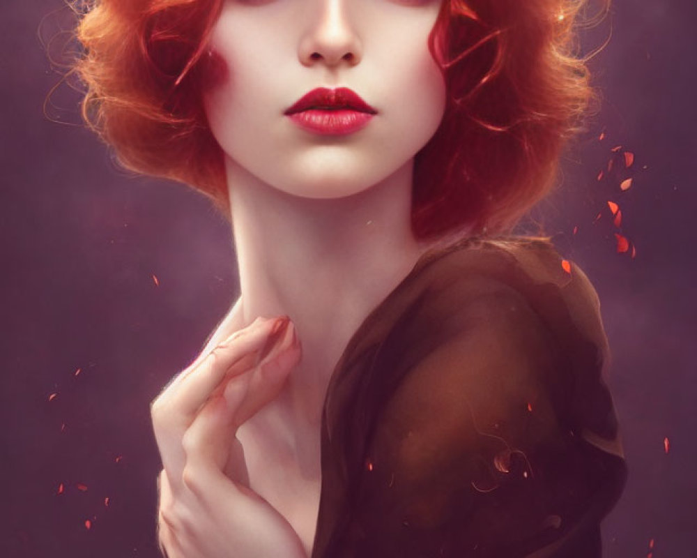 Vibrant red-haired woman in digital art with purple background