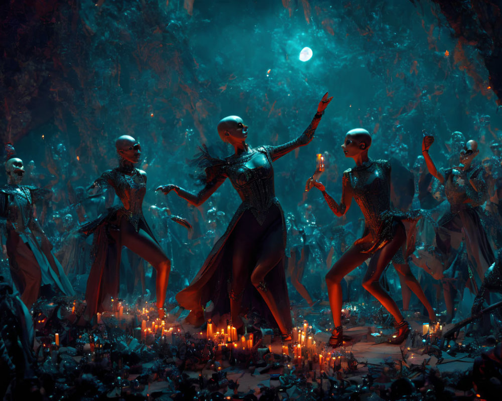 Stylized figures in sparkling attire in moonlit, crystal-adorned setting