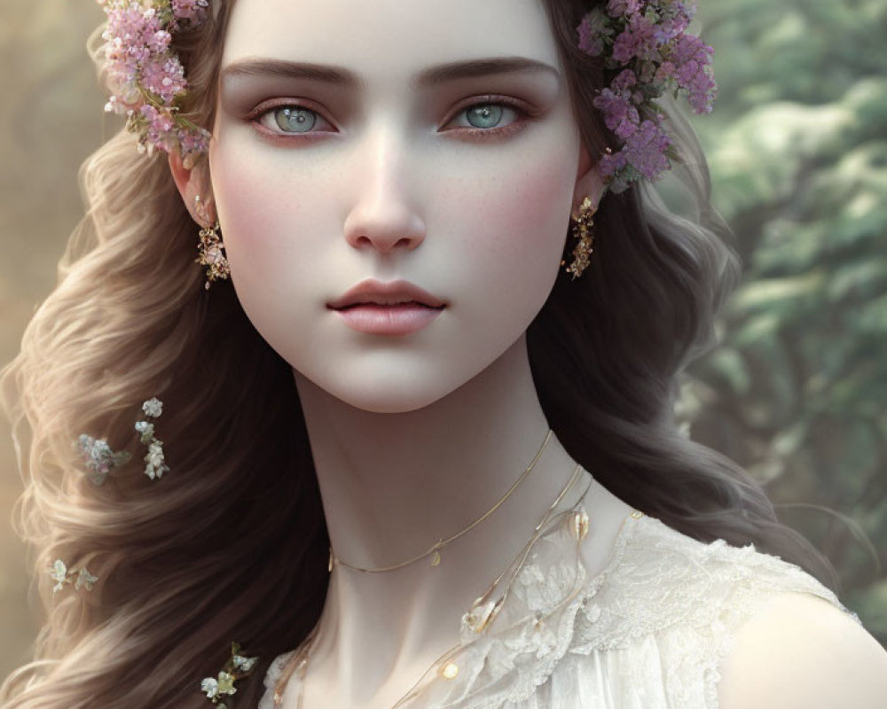 Detailed digital portrait of young woman with floral hair accessories and jewelry.