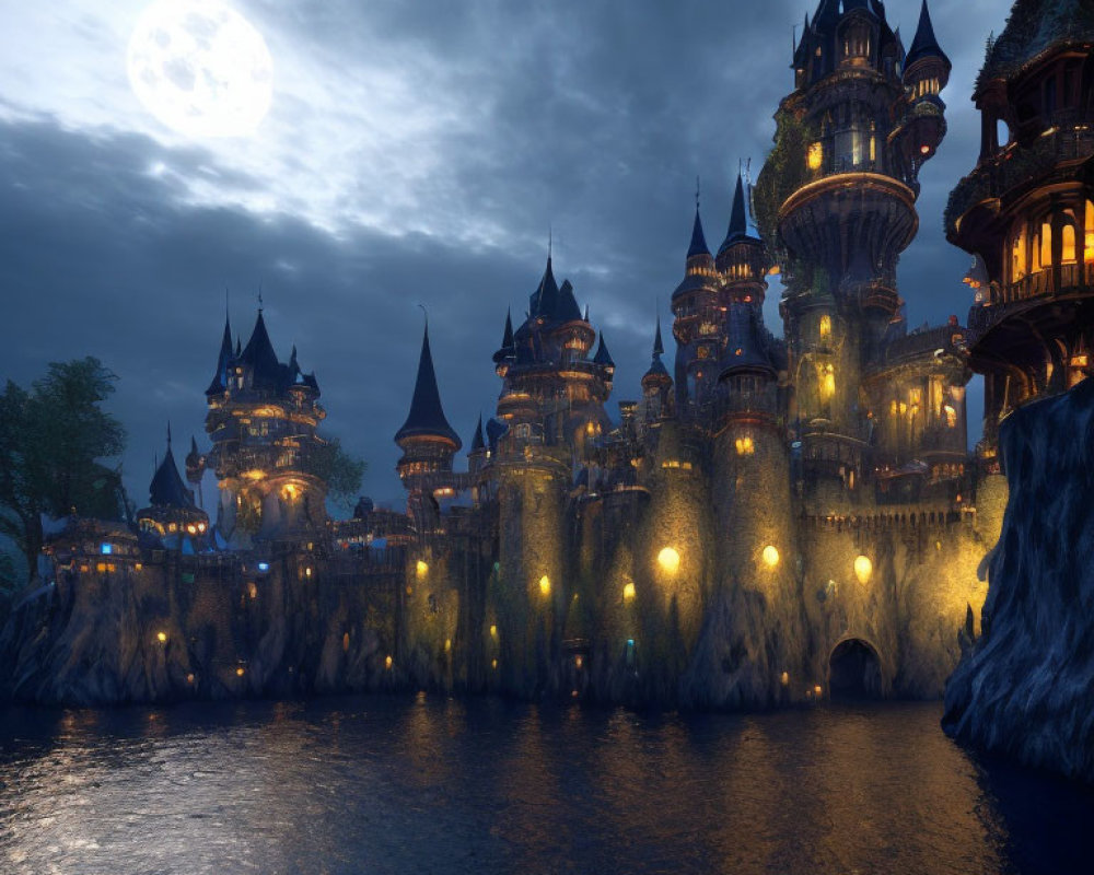 Majestic fairy-tale castle on rugged cliff at night