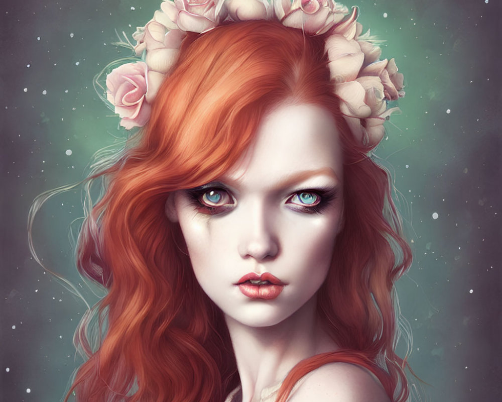 Digital portrait of a woman with red hair and pink rose crown on starry background