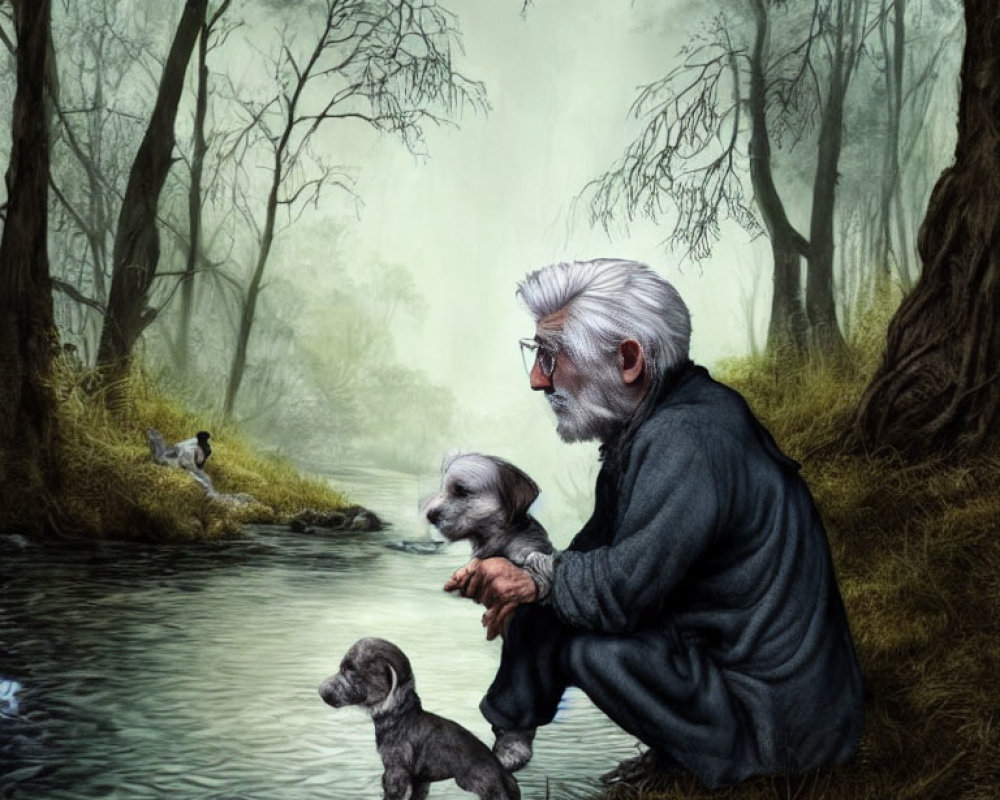 Elderly man with white hair and glasses squatting by river with two small dogs