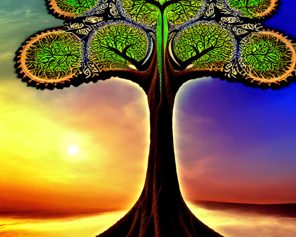 Colorful digital artwork: Tree with Celtic patterns under sunset sky