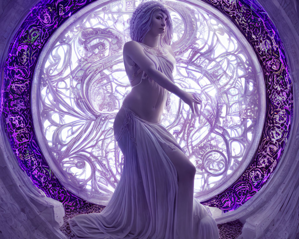 Serene woman in white attire by purple stained glass window