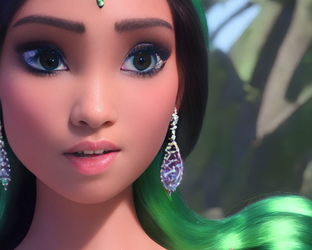 3D-rendered female figure with blue eyes, gemstone jewelry, and green hair