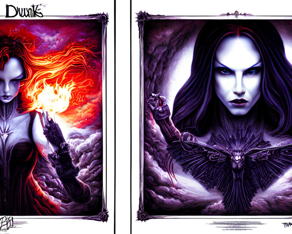 Two gothic fantasy illustrations: woman with flaming hair and fire, pale woman with raven cloak