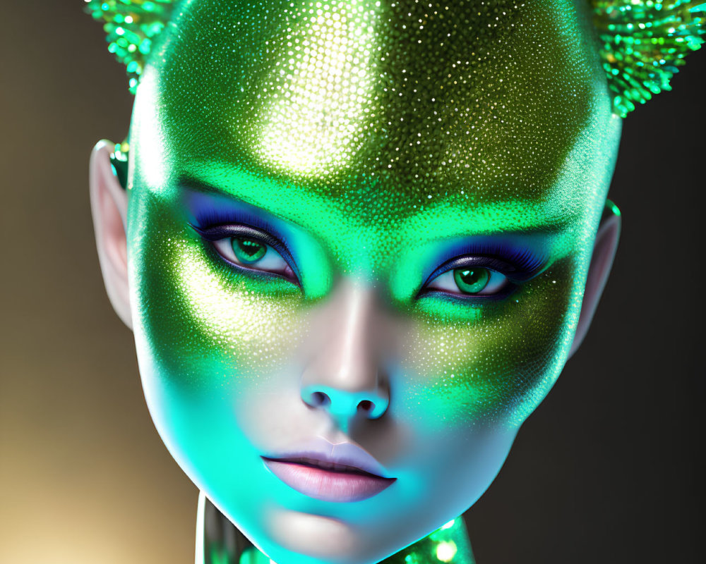 Fantasy alien portrait with green glittery skin and large pointed ears